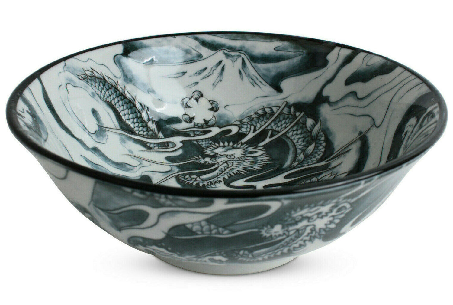 Mino ware Japanese Ceramics Ramen Noodle Donburi Bowl Dragon and Mt. Fuji Black made in Japan