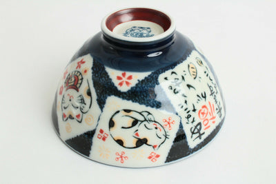Mino ware Japanese Pottery Rice Bowl Manekineko Koban Cat Blue made in Japan New