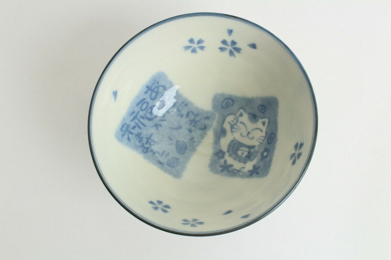 Mino ware Japanese Pottery Rice Bowl Manekineko Koban Cat Blue made in Japan New