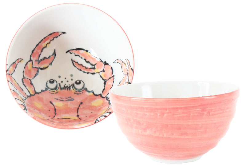 Mino ware Japanese Ceramics Large Rice Bowl Donburi w/ Red Crab Design Made in Japan