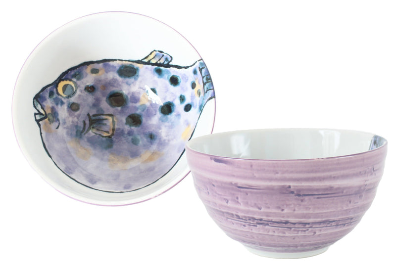 Mino ware Japanese Ceramics Large Rice Bowl Donburi w/ Purple Pufferfish Design Made in Japan