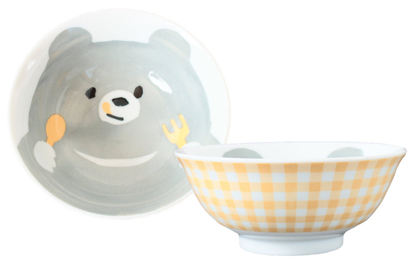 Mino ware Japanese Ceramics Kids Ramen Noodle Donburi Bowl Bear Checkered Pattern Made in Japan