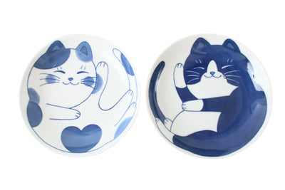 Mino ware Japanese Ceramics Set of two large plates with two different cat designs(Tuxedo,Calico)