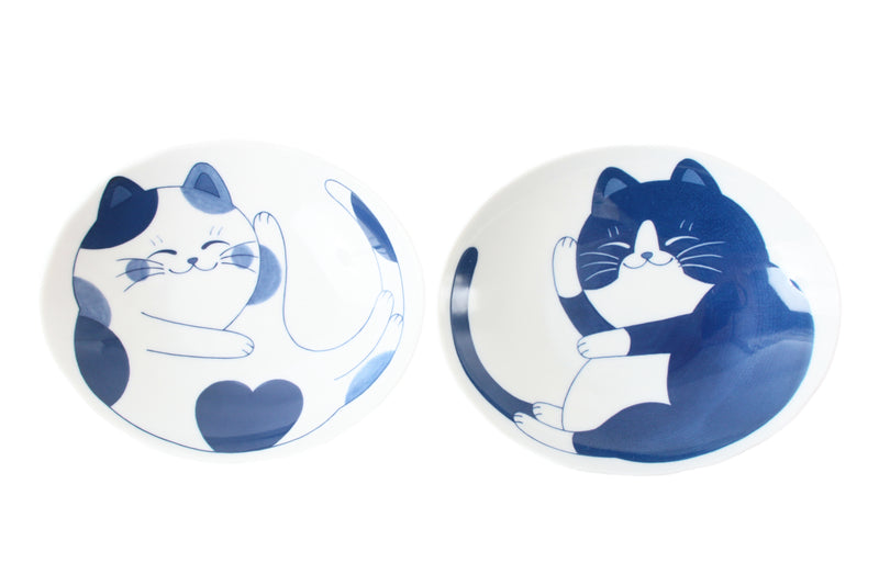 Mino ware Japanese Ceramics Set of two big oval deep plates with two different cat designs(Tuxedo,Calico)