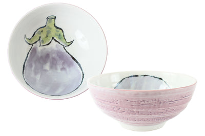 Mino Ware Japanese Ceramic Ramen Bowl with Eggplant Design, Made in Japan