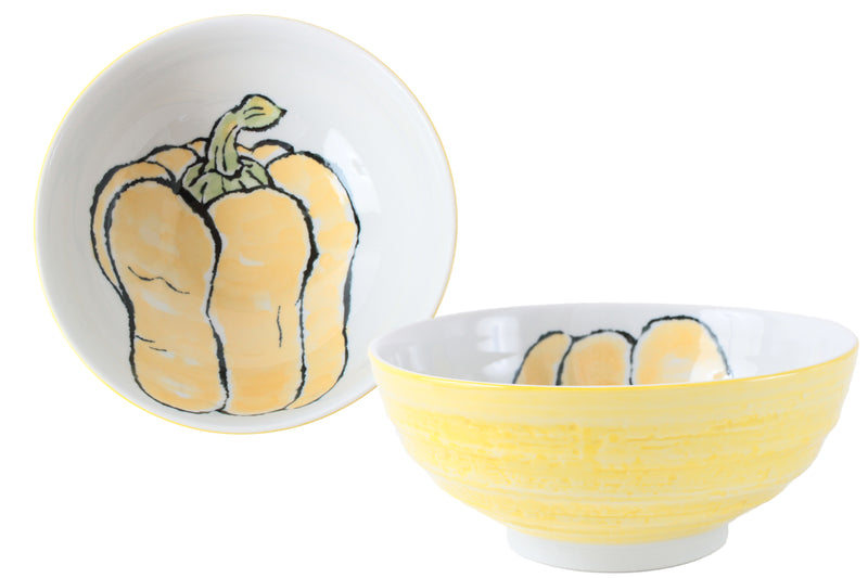 Mino Ware Japanese Ceramic Ramen Bowl with Yellow Bell Pepper Design, Made in Japan