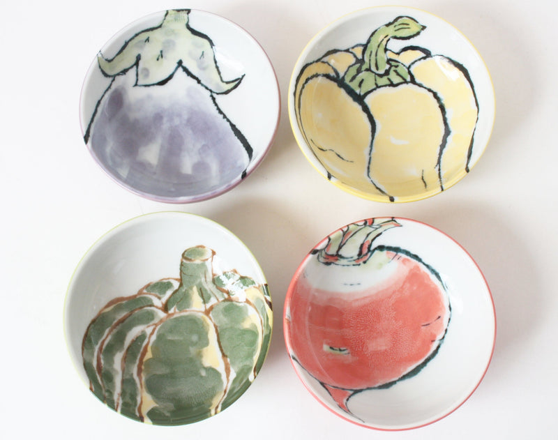 Mino ware Japanese Ceramics Small Plate Set of 4 Vegetable (Turnip、Pumpkin、Eggplant、Yellow Bell Pepper) Made in Japan