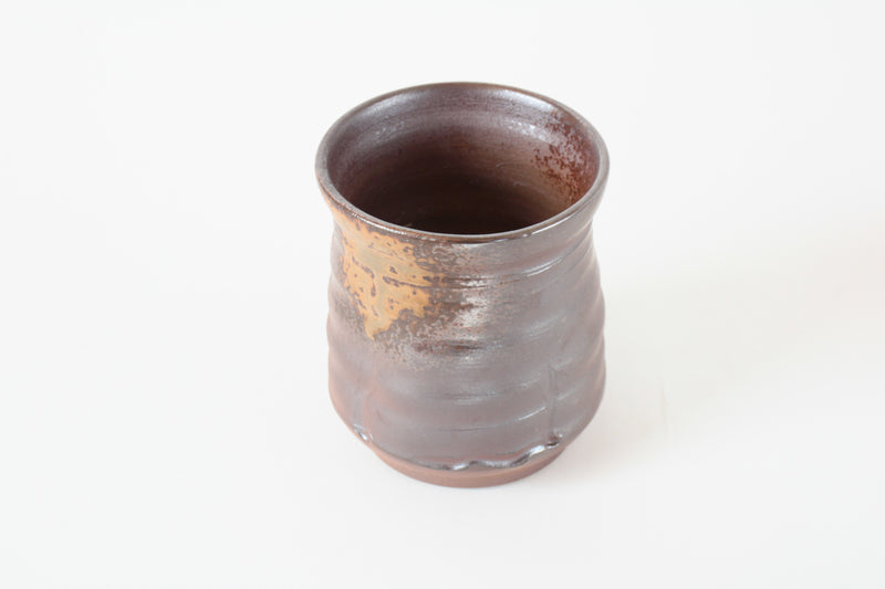 Bizen ware Japanese Pottery Yunomi Chawan Tea Cup, Hourglass Shape, Rusty Brown, Made in Japan