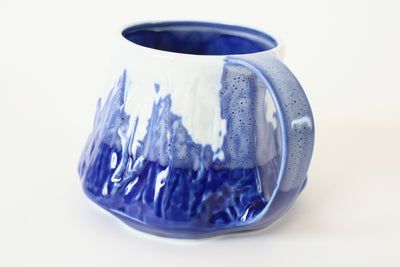 Mino Ware Japanese Pottery Mug Cup Snowy Mt.Fuji Blue 10oz with Cherry Blossom debossed at the bottom made in Japan