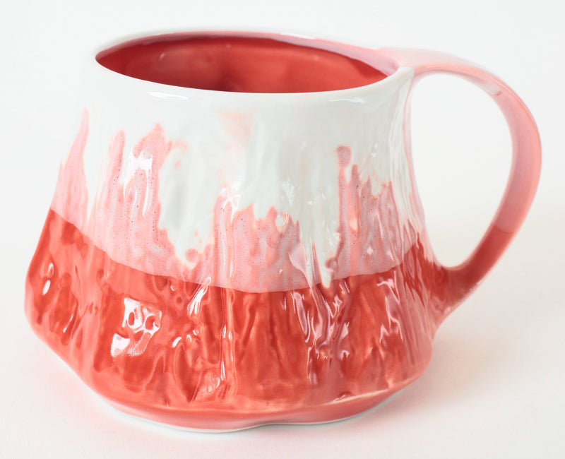 Mino Ware Japanese Pottery Mug Cup Snowy Mt.Fuji Red 10oz with Cherry Blossom debossed at the bottom made in Japan