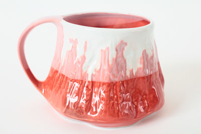 Mino Ware Japanese Pottery Mug Cup Snowy Mt.Fuji Red 10oz with Cherry Blossom debossed at the bottom made in Japan