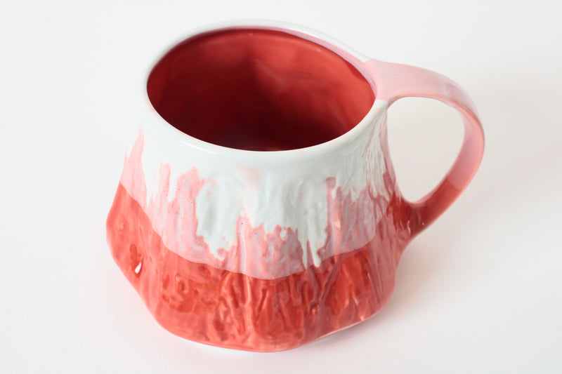 Mino Ware Japanese Pottery Mug Cup Snowy Mt.Fuji Red 10oz with Cherry Blossom debossed at the bottom made in Japan