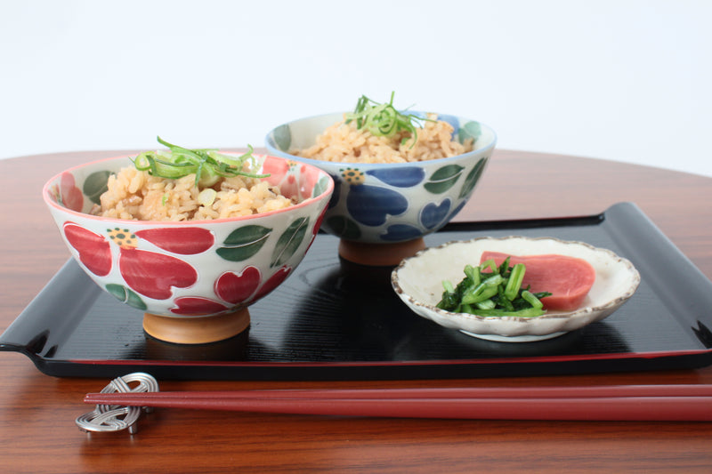 Mino ware Japanese Ceramics  Rice Bowl Red Flowers made in Japan
