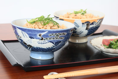 Mino ware Japanese Ceramics Rice Bowl Flying Crane Blue made in Japan