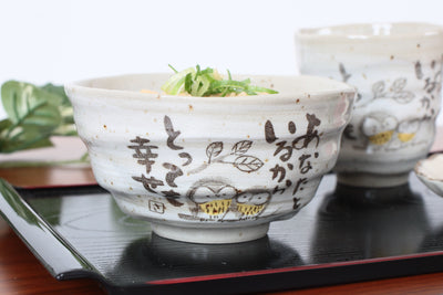 Mino ware Japanese Pottery Rice Bowl Owl Family Sanaegama Gray made in Japan