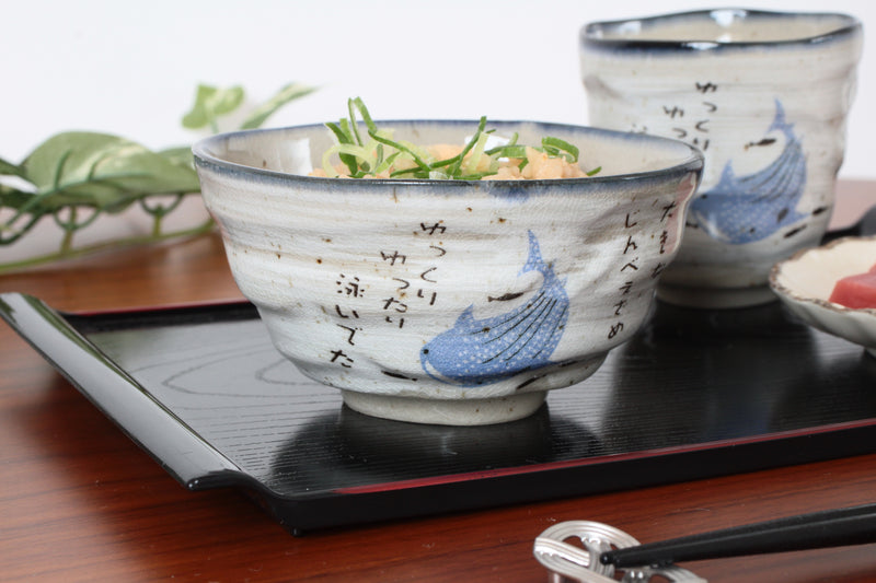 Mino ware Japan Pottery Rice Bowl Whale Shark Sanaegama Gray made in Japan