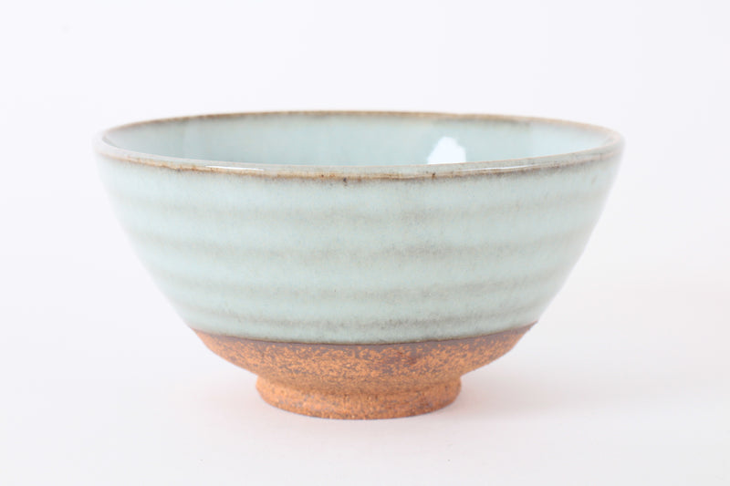Mino ware Japanese Pottery Rice Bowl Milky White Glaze w/ Green Stripe