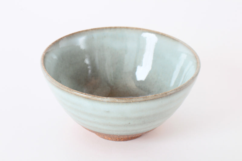 Mino ware Japanese Pottery Rice Bowl Milky White Glaze w/ Green Stripe