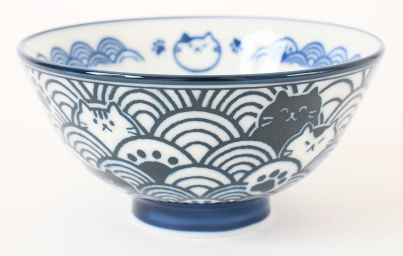 Mino ware Japanese Ceramics Rice Bowl Blue Cat with a Seigaiha Wave Pattern made in Japan