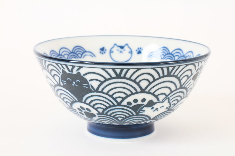 Mino ware Japanese Ceramics Rice Bowl Blue Cat with a Seigaiha Wave Pattern made in Japan