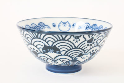 Mino ware Japanese Ceramics Rice Bowl Blue Cat with a Seigaiha Wave Pattern made in Japan