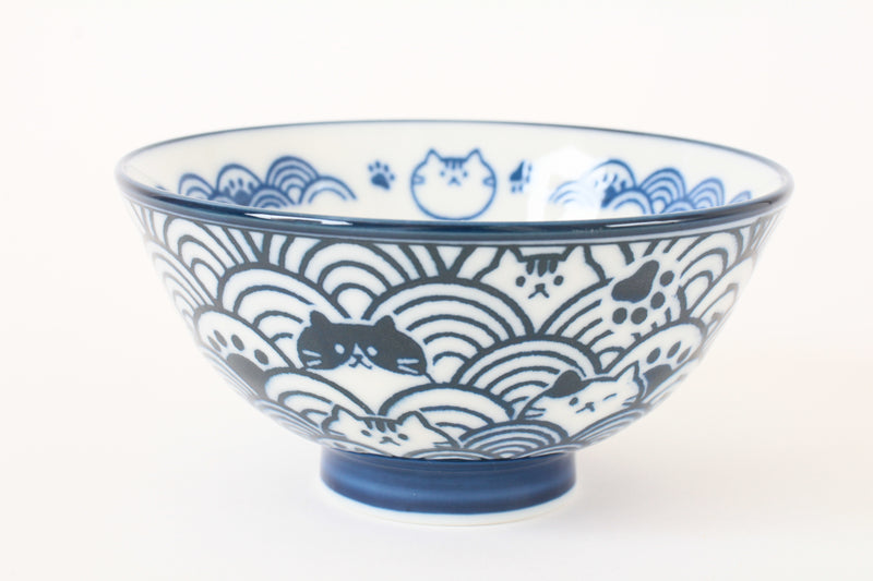 Mino ware Japanese Ceramics Rice Bowl Blue Cat with a Seigaiha Wave Pattern made in Japan