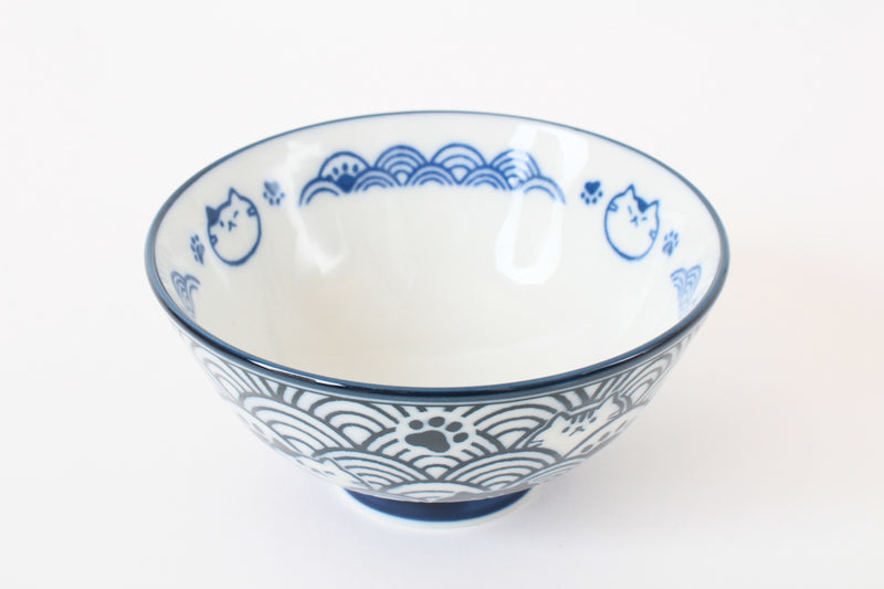Mino ware Japanese Ceramics Rice Bowl Blue Cat with a Seigaiha Wave Pattern made in Japan