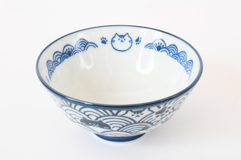 Mino ware Japanese Ceramics Rice Bowl Blue Cat with a Seigaiha Wave Pattern made in Japan