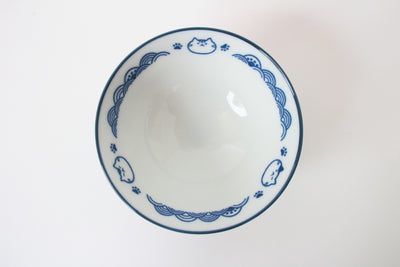 Mino ware Japanese Ceramics Rice Bowl Blue Cat with a Seigaiha Wave Pattern made in Japan