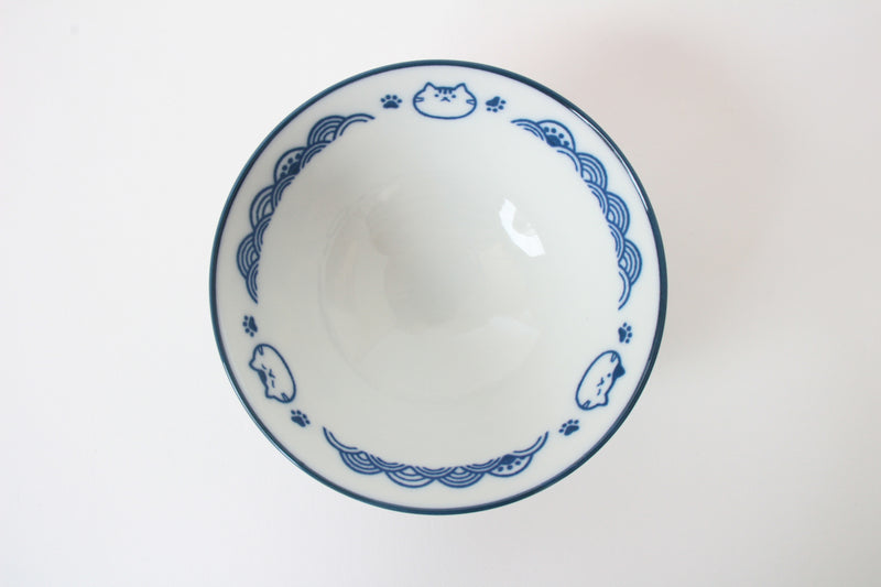 Mino ware Japanese Ceramics Rice Bowl Blue Cat with a Seigaiha Wave Pattern made in Japan