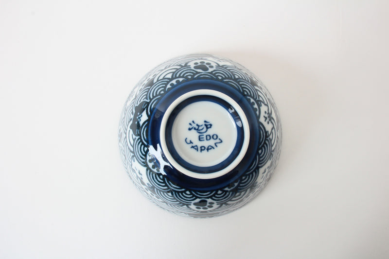 Mino ware Japanese Ceramics Rice Bowl Blue Cat with a Seigaiha Wave Pattern made in Japan