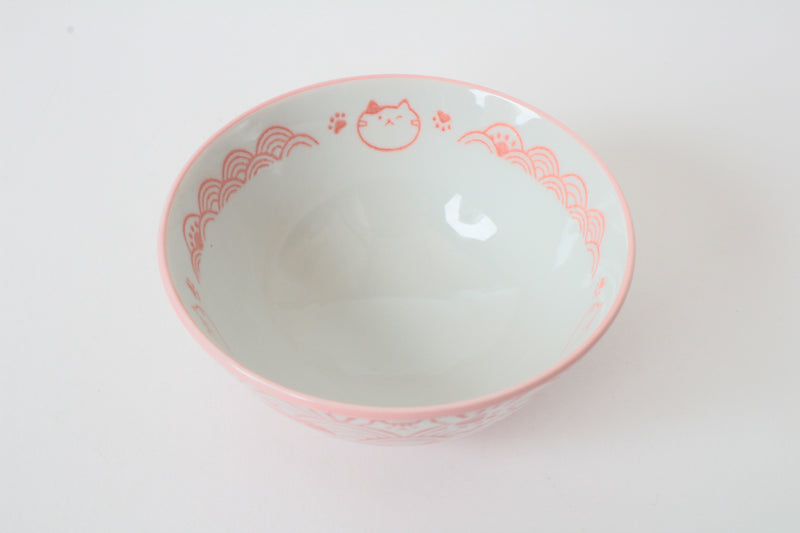 Mino ware Japanese Ceramics Rice Bowl Pink Cat with a Seigaiha Wave Pattern made in Japan