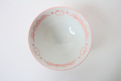Mino ware Japanese Ceramics Rice Bowl Pink Cat with a Seigaiha Wave Pattern made in Japan