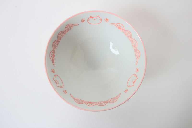 Mino ware Japanese Ceramics Rice Bowl Pink Cat with a Seigaiha Wave Pattern made in Japan