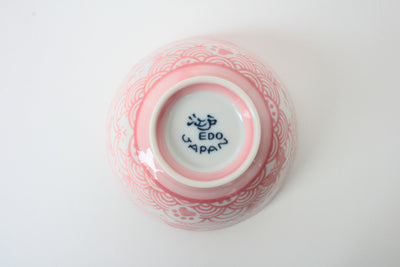 Mino ware Japanese Ceramics Rice Bowl Pink Cat with a Seigaiha Wave Pattern made in Japan