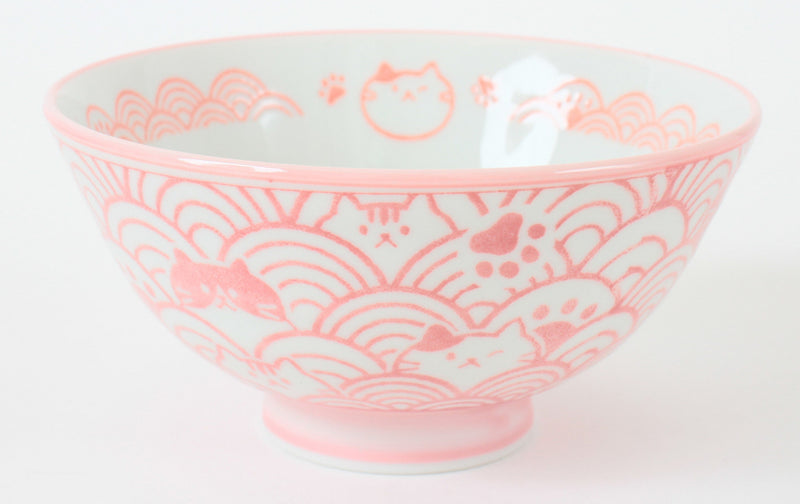 Mino ware Japanese Ceramics Rice Bowl Pink Cat with a Seigaiha Wave Pattern made in Japan