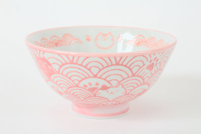 Mino ware Japanese Ceramics Rice Bowl Pink Cat with a Seigaiha Wave Pattern made in Japan