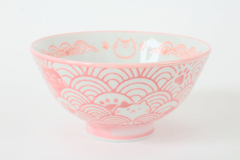 Mino ware Japanese Ceramics Rice Bowl Pink Cat with a Seigaiha Wave Pattern made in Japan