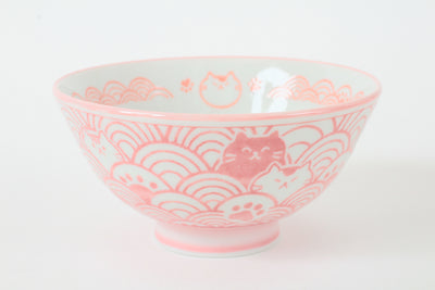 Mino ware Japanese Ceramics Rice Bowl Pink Cat with a Seigaiha Wave Pattern made in Japan
