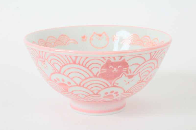 Mino ware Japanese Ceramics Rice Bowl Pink Cat with a Seigaiha Wave Pattern made in Japan
