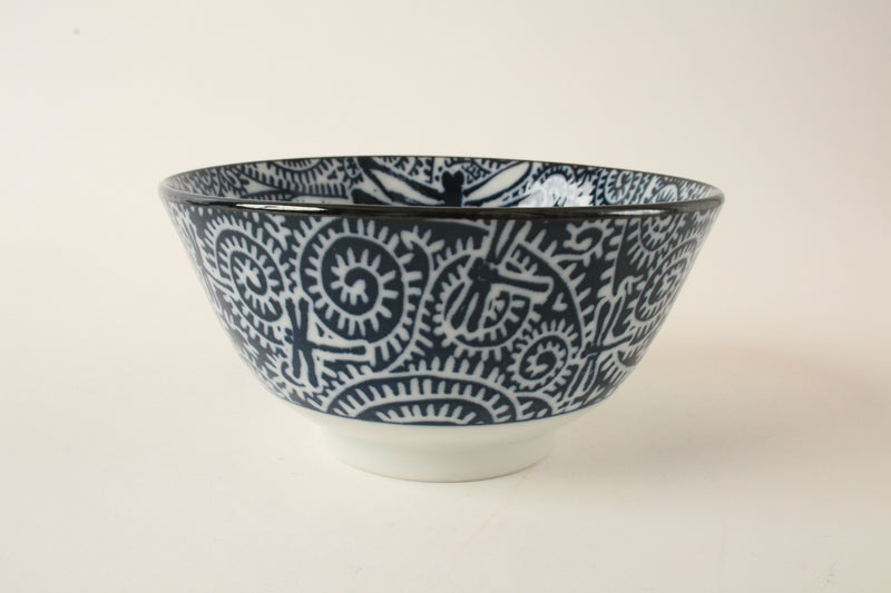 Mino ware Japan Ceramics Large Rice Bowl Dragonfly Spiral Bracken Blue (40)