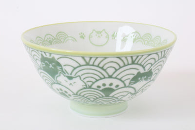 Mino ware Japanese Ceramics Rice Bowl Green Cat with a Seigaiha Wave Pattern made in Japan