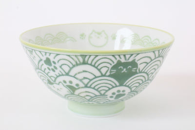 Mino ware Japanese Ceramics Rice Bowl Green Cat with a Seigaiha Wave Pattern made in Japan