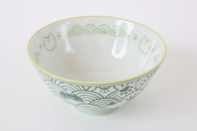 Mino ware Japanese Ceramics Rice Bowl Green Cat with a Seigaiha Wave Pattern made in Japan