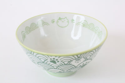 Mino ware Japanese Ceramics Rice Bowl Green Cat with a Seigaiha Wave Pattern made in Japan