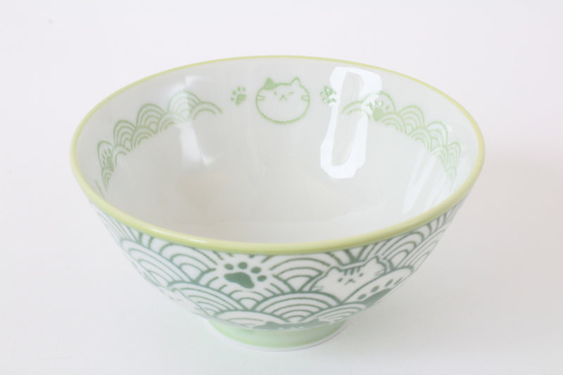 Mino ware Japanese Ceramics Rice Bowl Green Cat with a Seigaiha Wave Pattern made in Japan