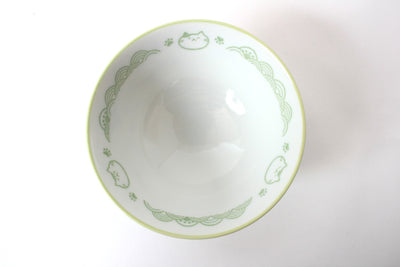 Mino ware Japanese Ceramics Rice Bowl Green Cat with a Seigaiha Wave Pattern made in Japan