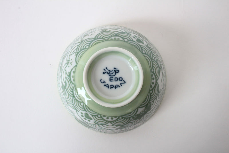 Mino ware Japanese Ceramics Rice Bowl Green Cat with a Seigaiha Wave Pattern made in Japan