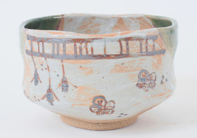 Mino ware Japanese Pottery Tea Ceremony Matcha Bowl Flower Drawn In Rust