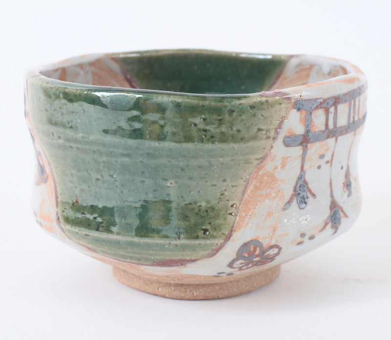 Mino ware Japanese Pottery Tea Ceremony Matcha Bowl Flower Drawn In Rust